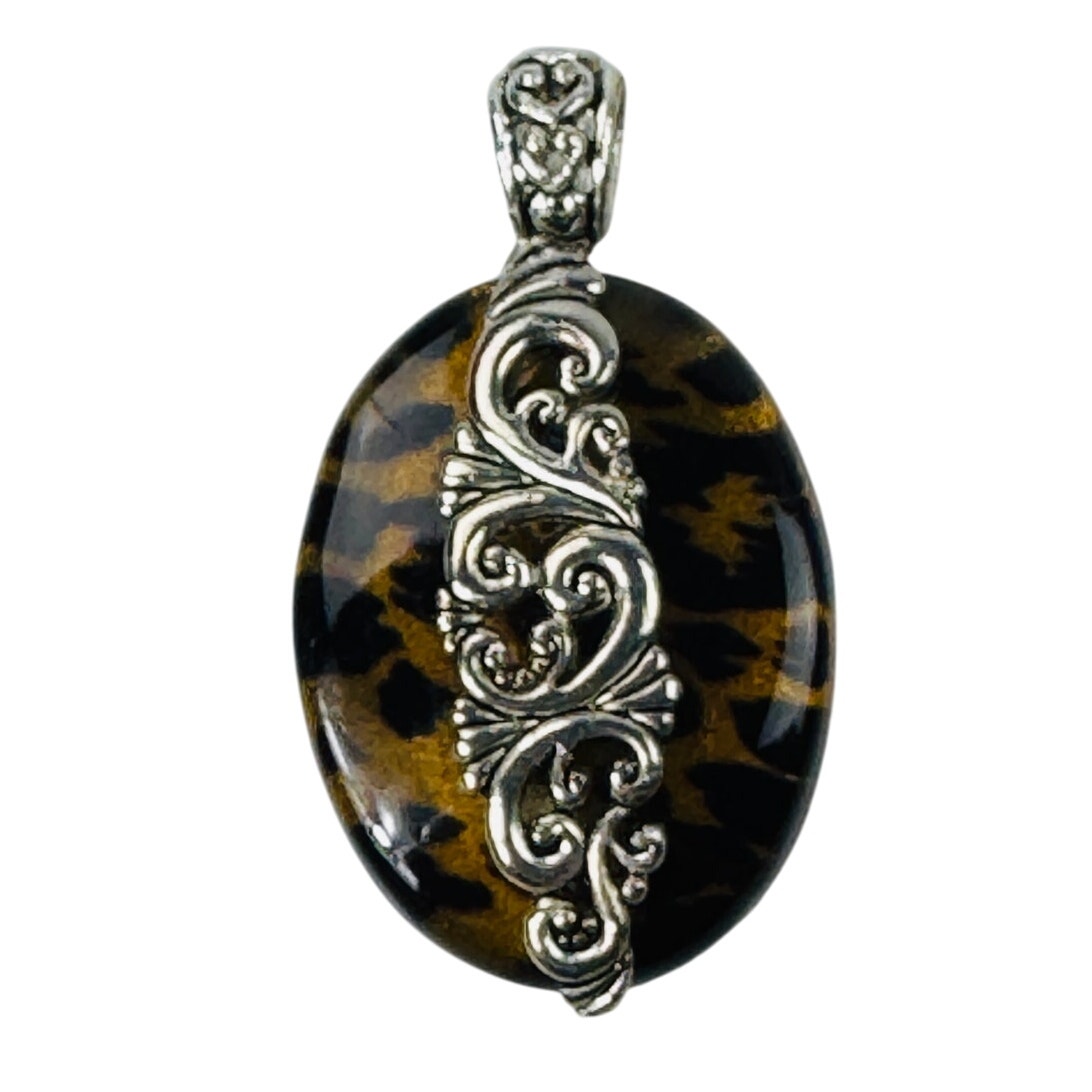 Silver Tone Animal Print Oval Pendant Acrylic Stone
